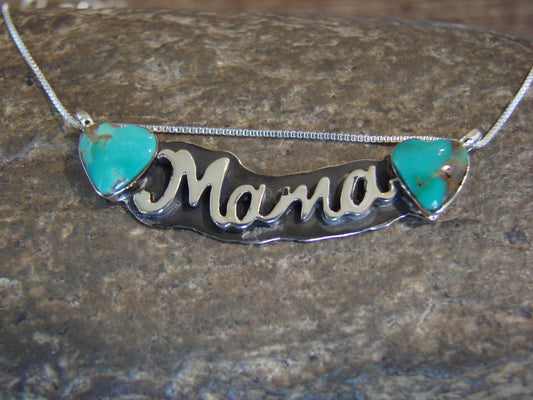 Native American Sterling Silver & Turquoise Heart Mama Necklace Signed Yazzie