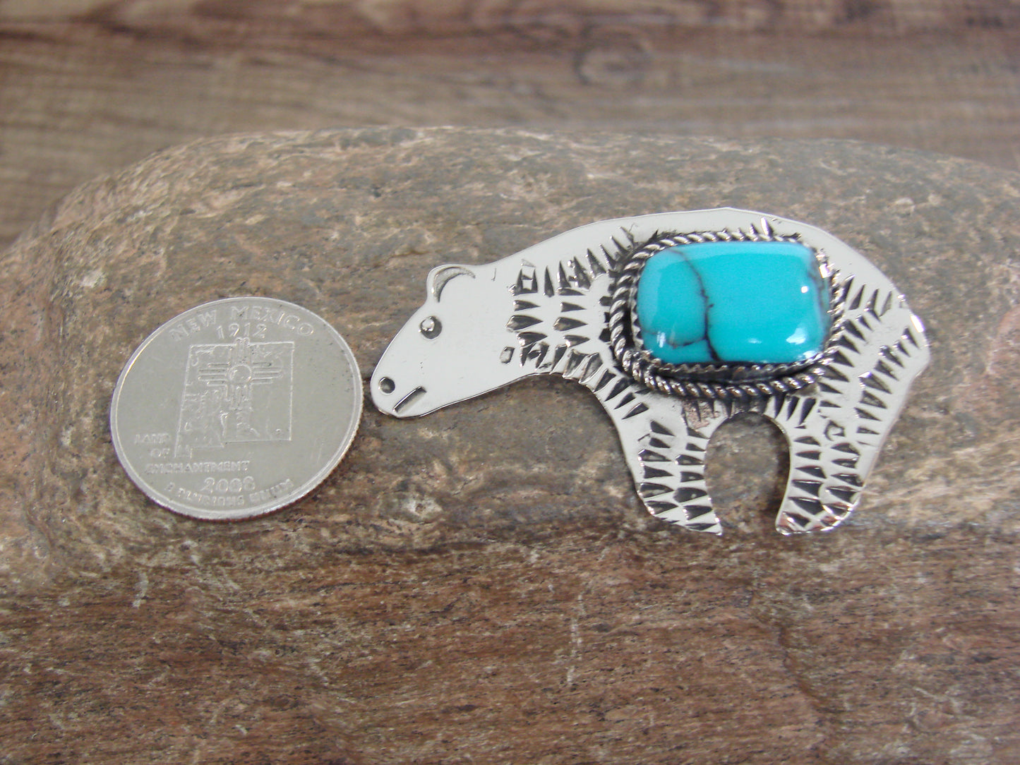 Native American Nickel Silver & Turquoise Bear Pin - Cleveland