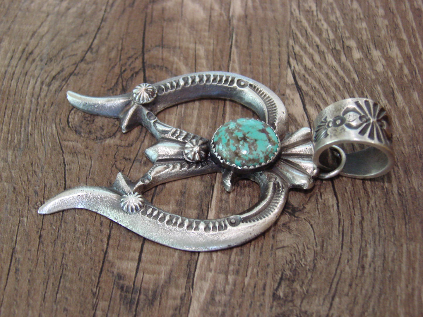 Native American Sterling Silver & Turquoise Cast Naja Pendant Signed Billah