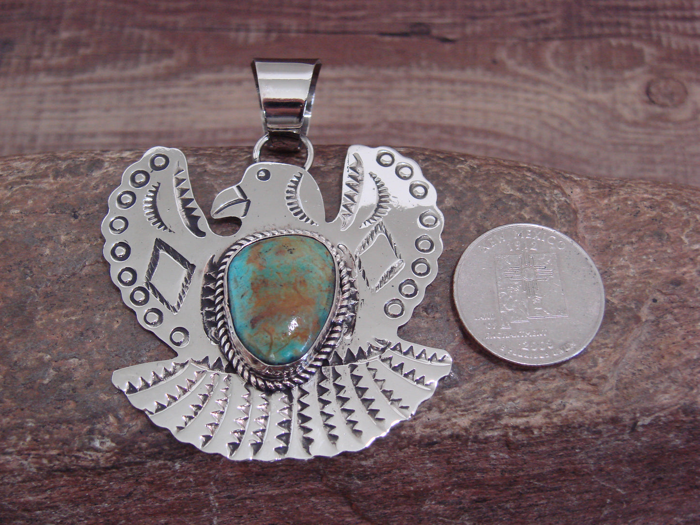 Native American Nickel Silver & Turquoise Eagle Pendant - Cleveland