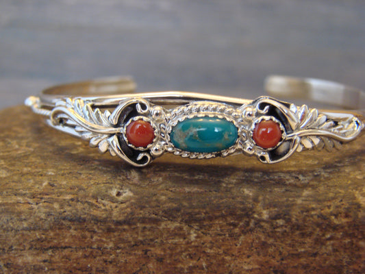 Native American Sterling Silver Turquoise & Coral Bracelet by Largo