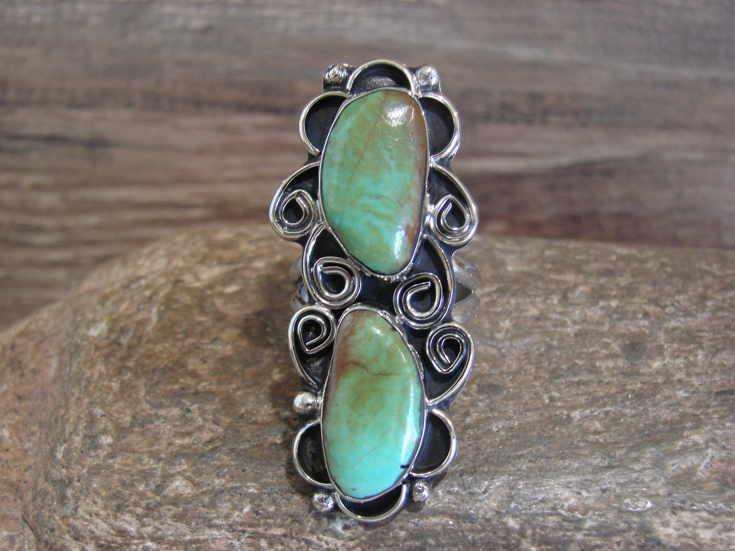 Native American Nickel Silver & Turquoise Ring by Cleveland - Size 9
