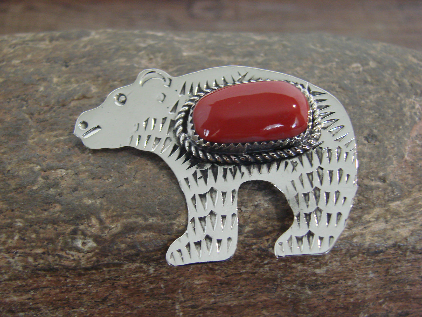 Native American Nickel Silver & Coral Bear Pin - Cleveland