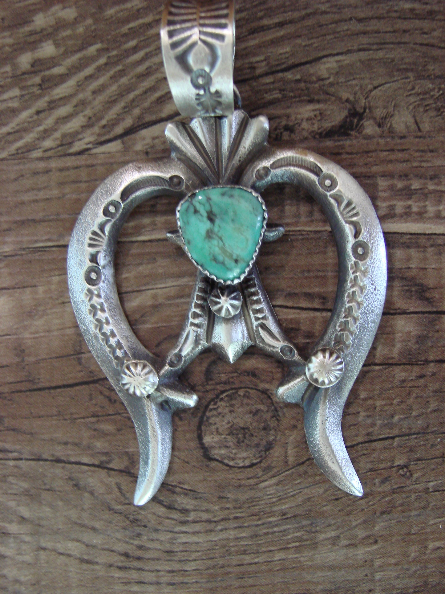 Native American Sterling Silver & Turquoise Cast Naja Pendant Signed Billah