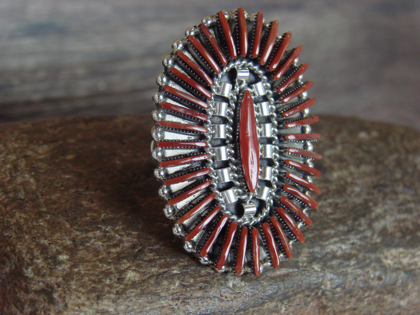 Native American Sterling Silver Coral Cluster Needlepoint Ring - Cooayate - Size 9
