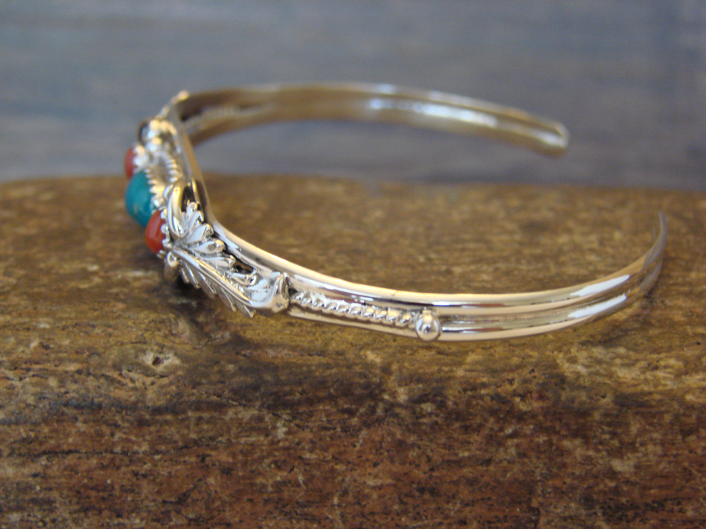 Native American Sterling Silver Turquoise & Coral Bracelet by Largo
