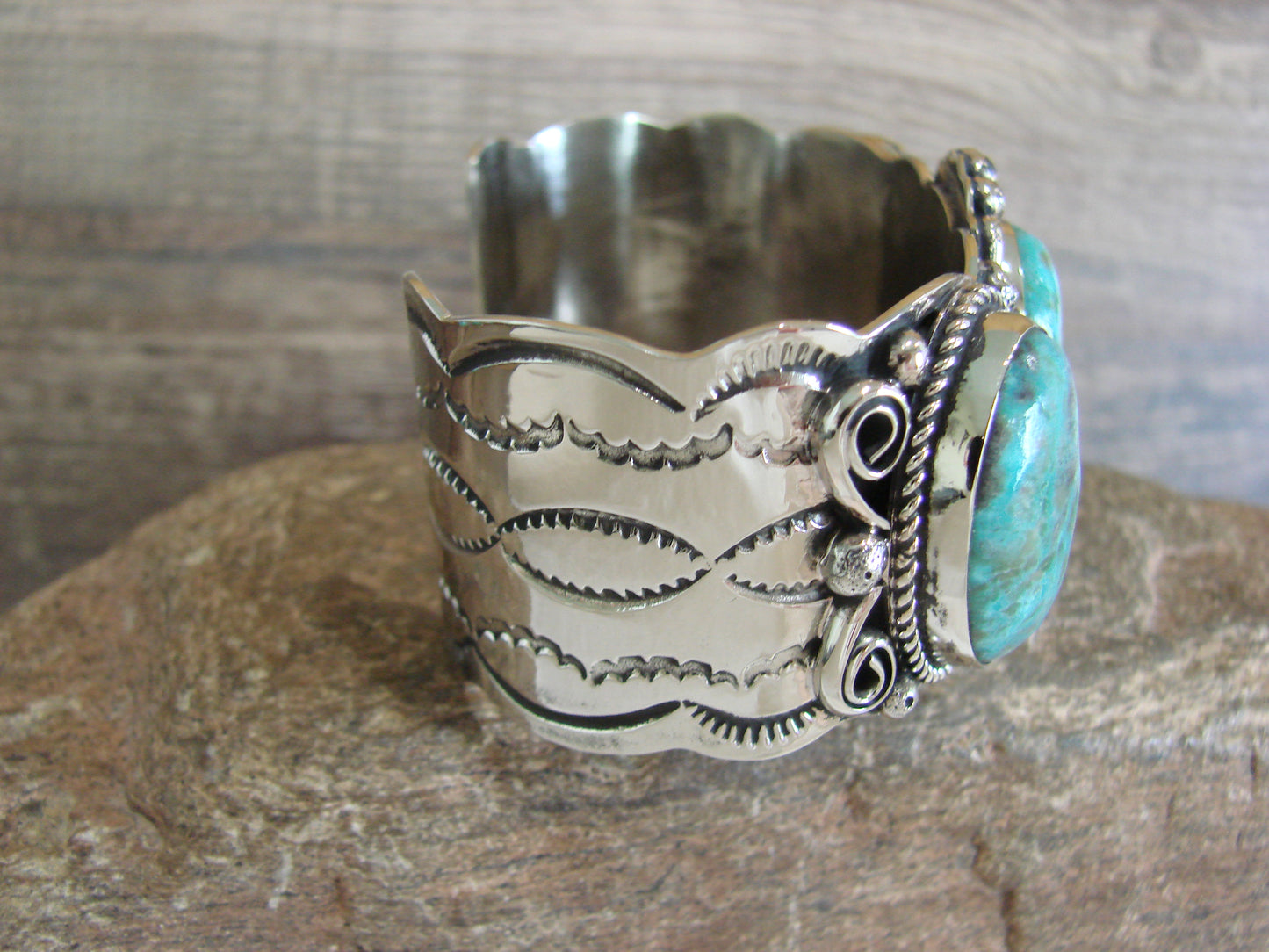 Native American Indian Nickel Silver & Turquoise Bracelet by Cleveland