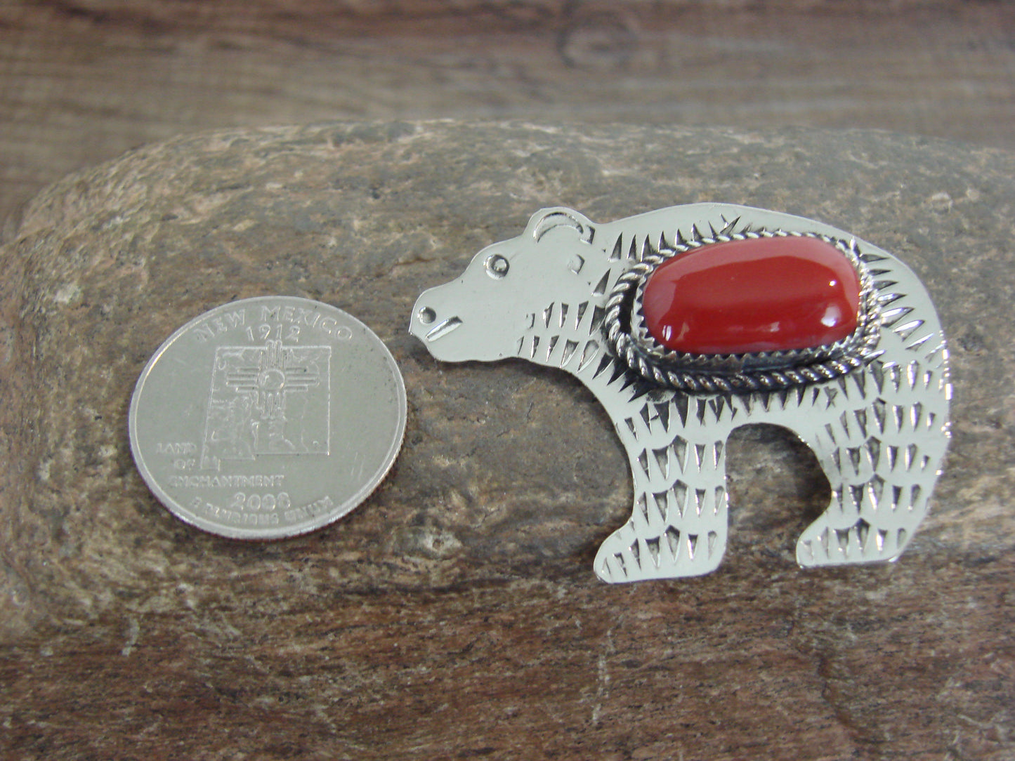 Native American Nickel Silver & Coral Bear Pin - Cleveland