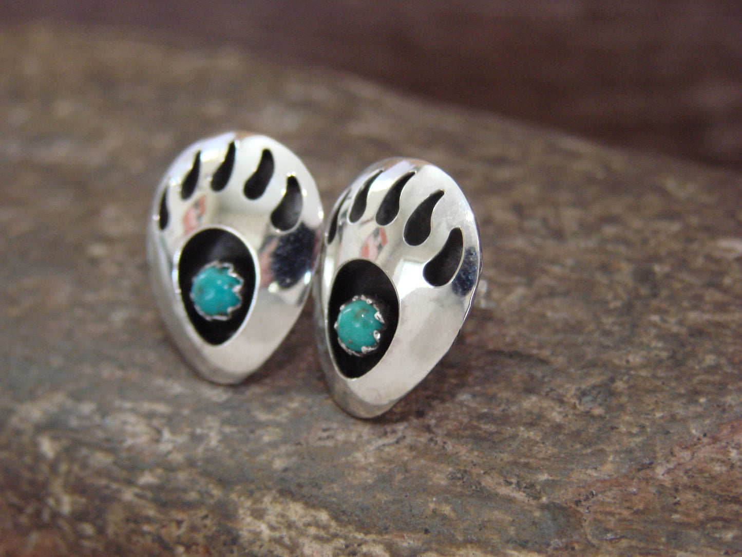 Native American Sterling Silver & Turquoise Bear Paw Stud Post Earrings