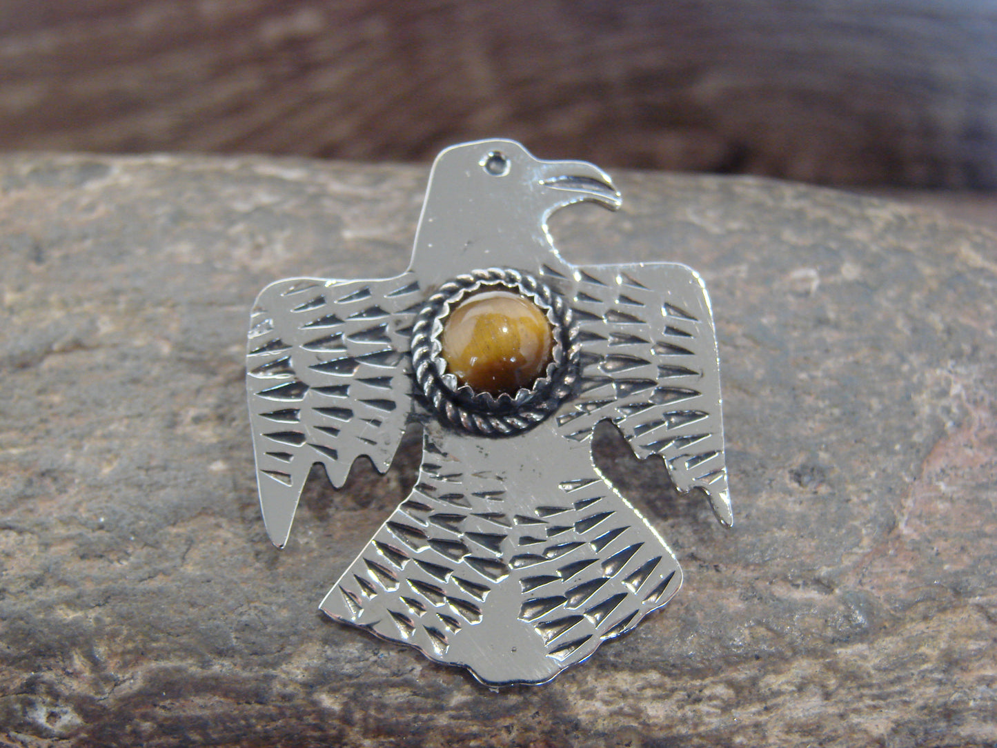 Native American Nickel Silver & Tiger Eye Thunderbird Pendant - Cleveland