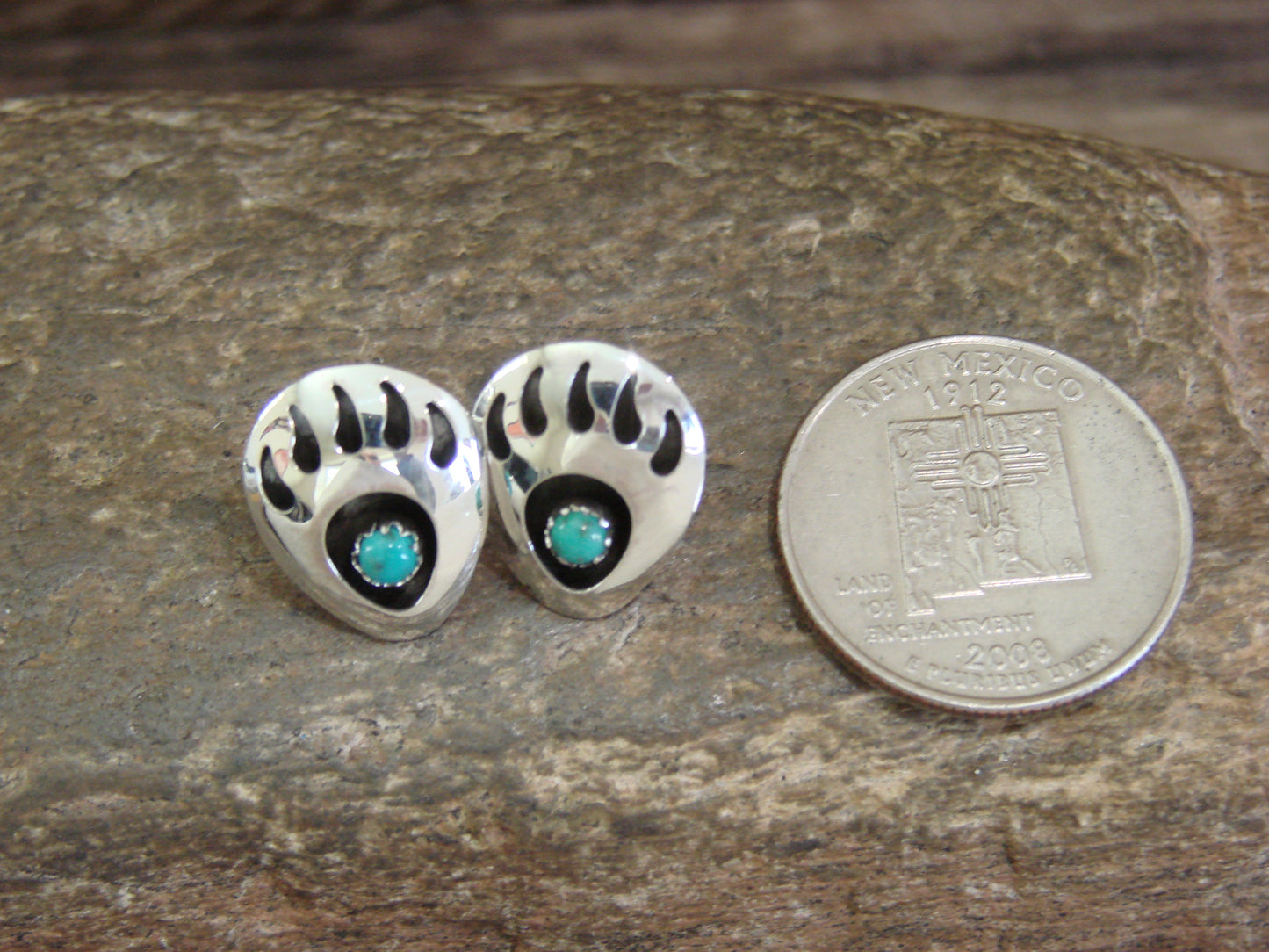 Native American Sterling Silver & Turquoise Bear Paw Stud Post Earrings