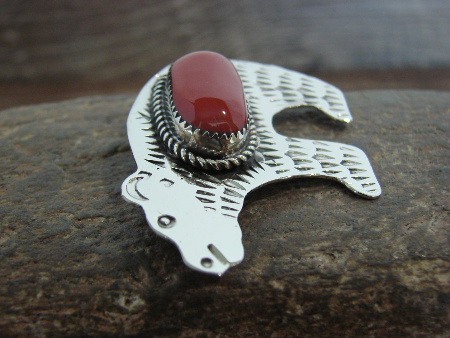 Native American Nickel Silver & Coral Bear Pin - Cleveland