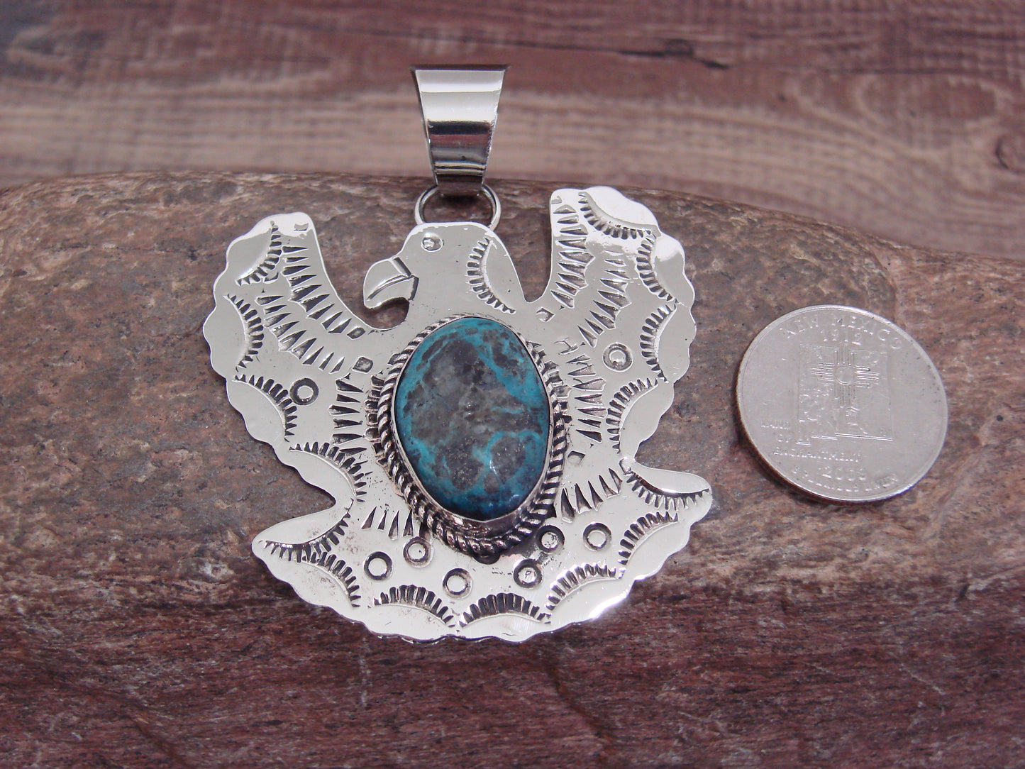 Native American Nickel Silver & Turquoise Eagle Pendant - Cleveland