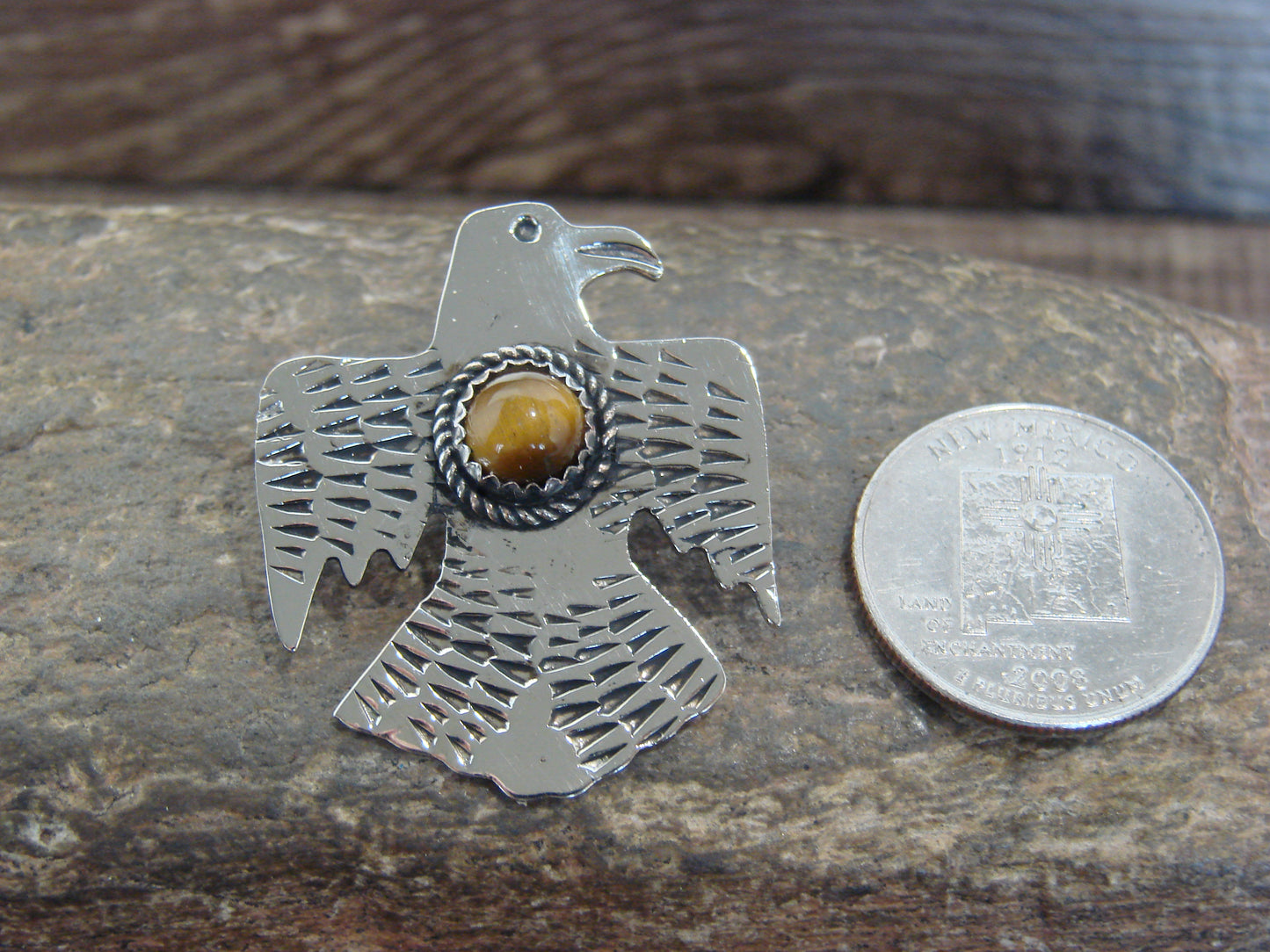 Native American Nickel Silver & Tiger Eye Thunderbird Pendant - Cleveland