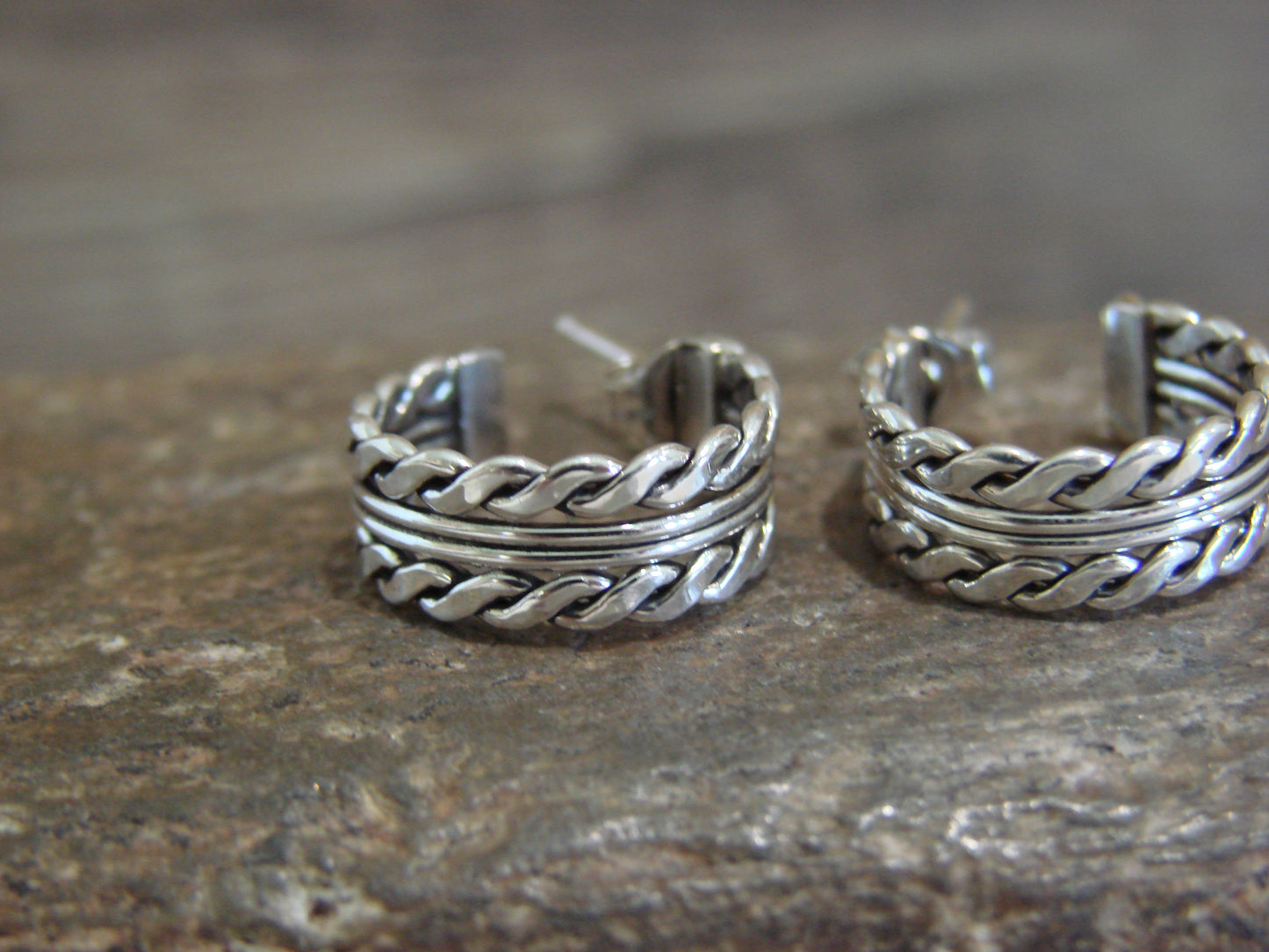 Native American 5/8" Sterling Silver Twisted Hoop Earrings by Tahe