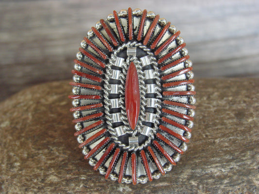 Native American Sterling Silver Coral Cluster Needlepoint Ring - Cooayate - Size 9