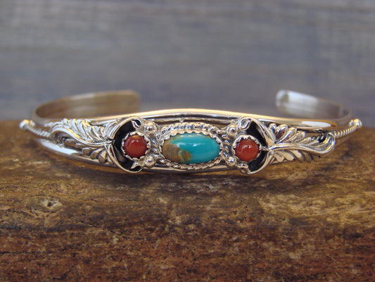 Native American Sterling Silver Turquoise & Coral Bracelet by Largo