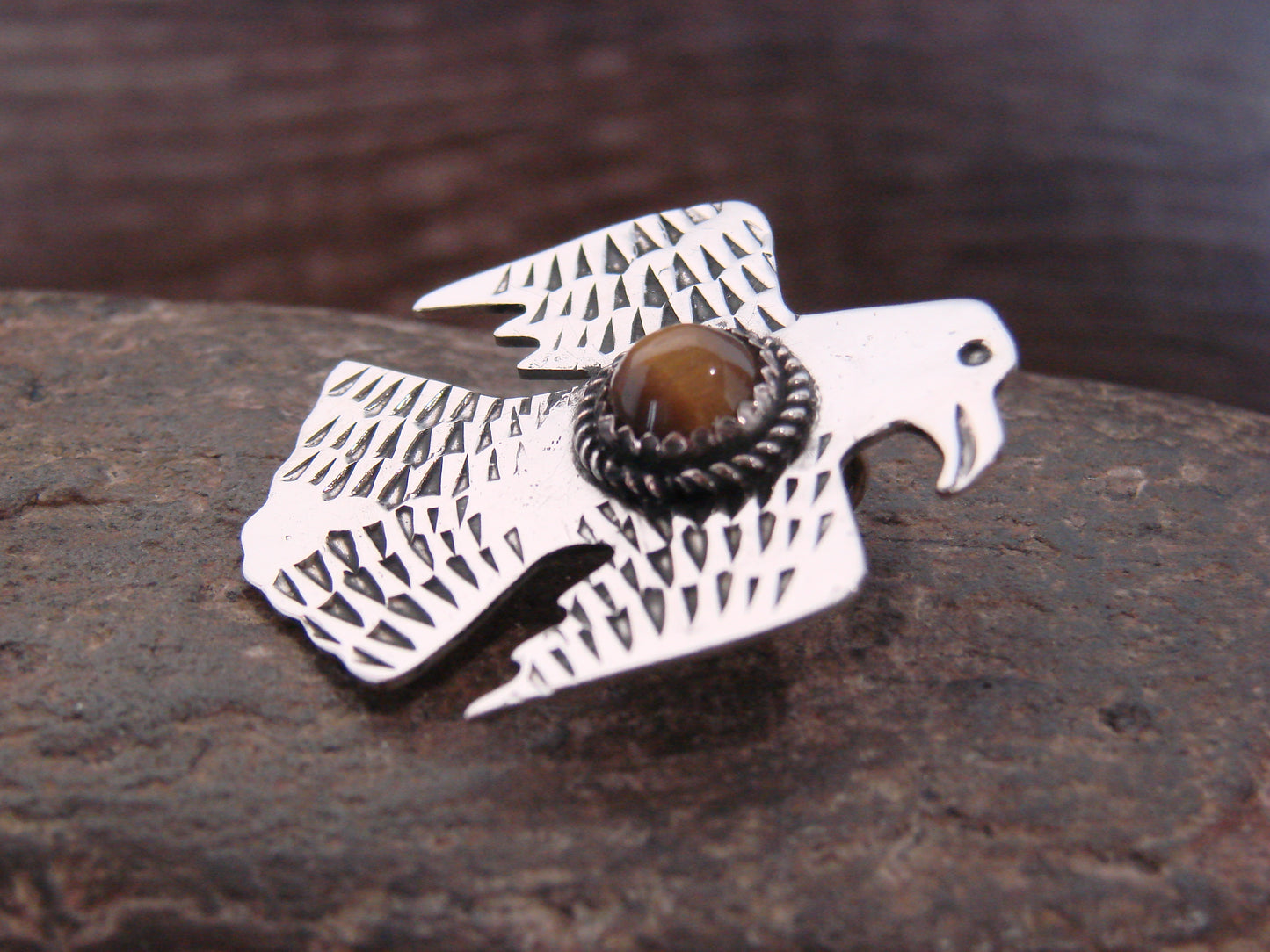 Native American Nickel Silver & Tiger Eye Thunderbird Pendant - Cleveland