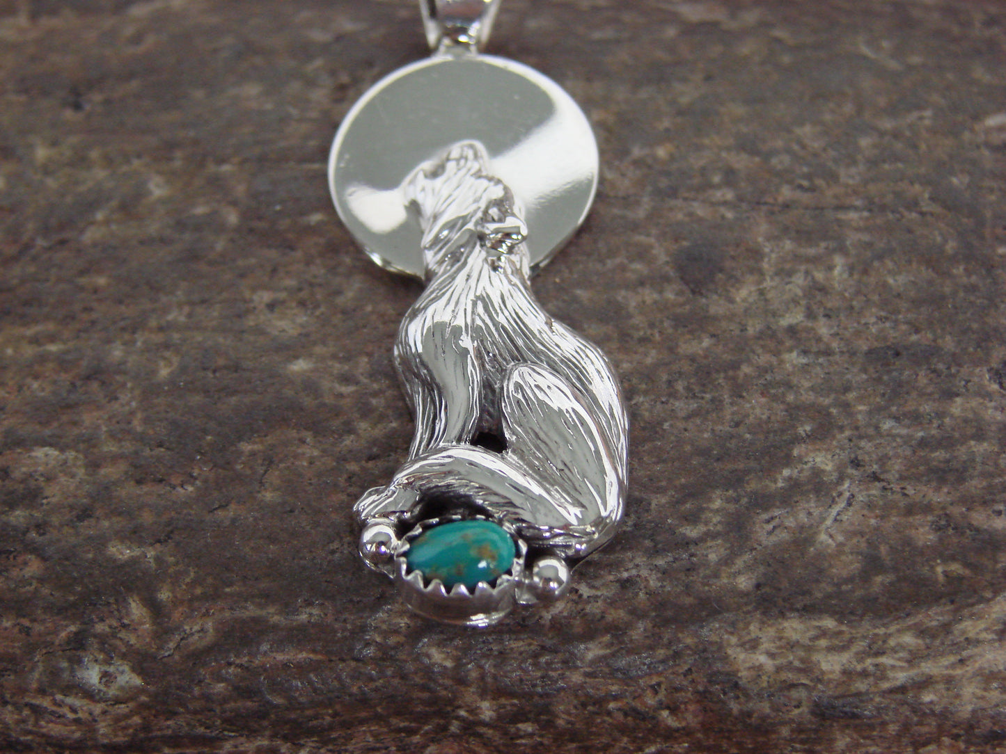 Native American Sterling Silver Turquoise Wolf Pendant by Yellowhair