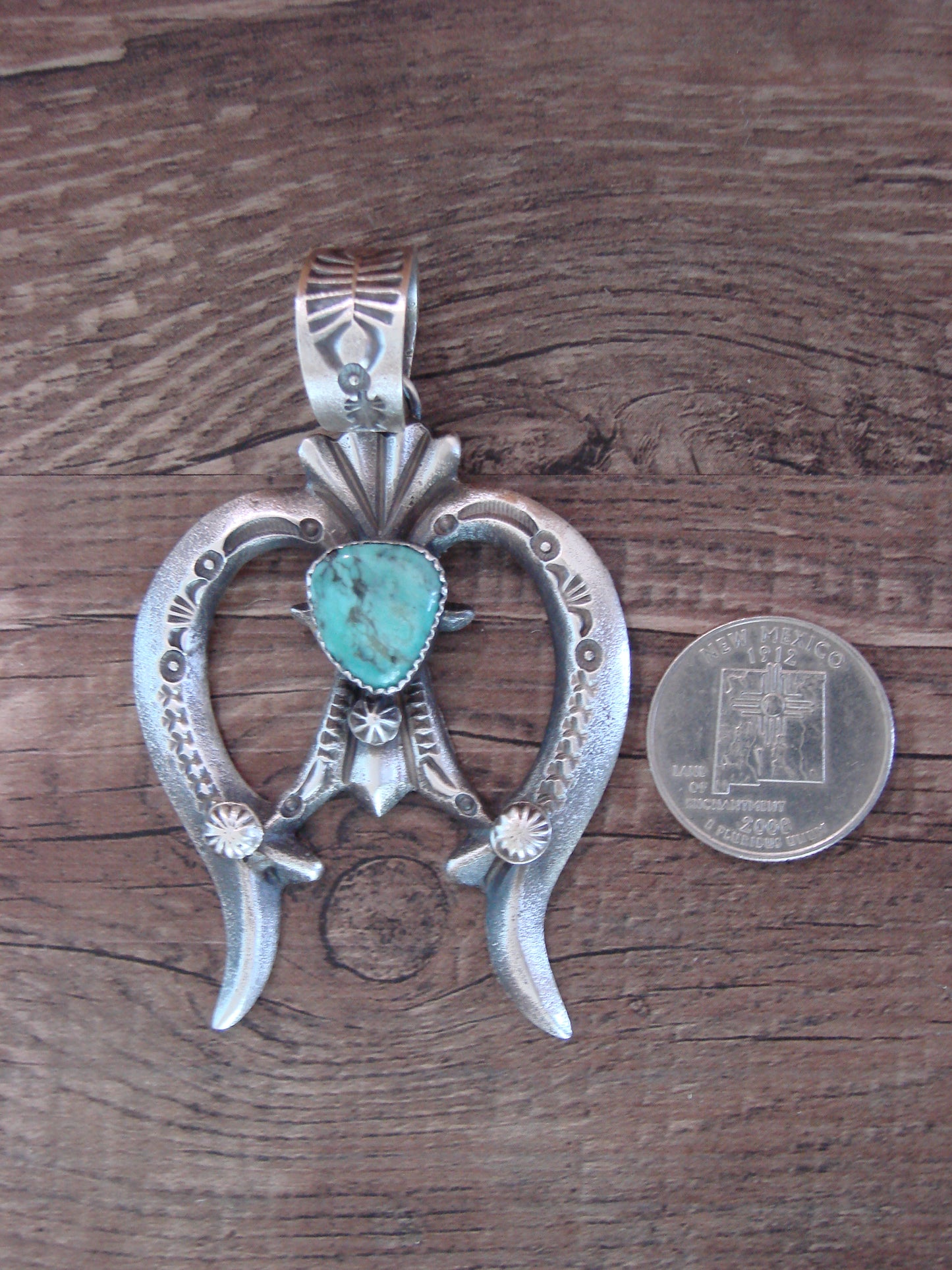 Native American Sterling Silver & Turquoise Cast Naja Pendant Signed Billah