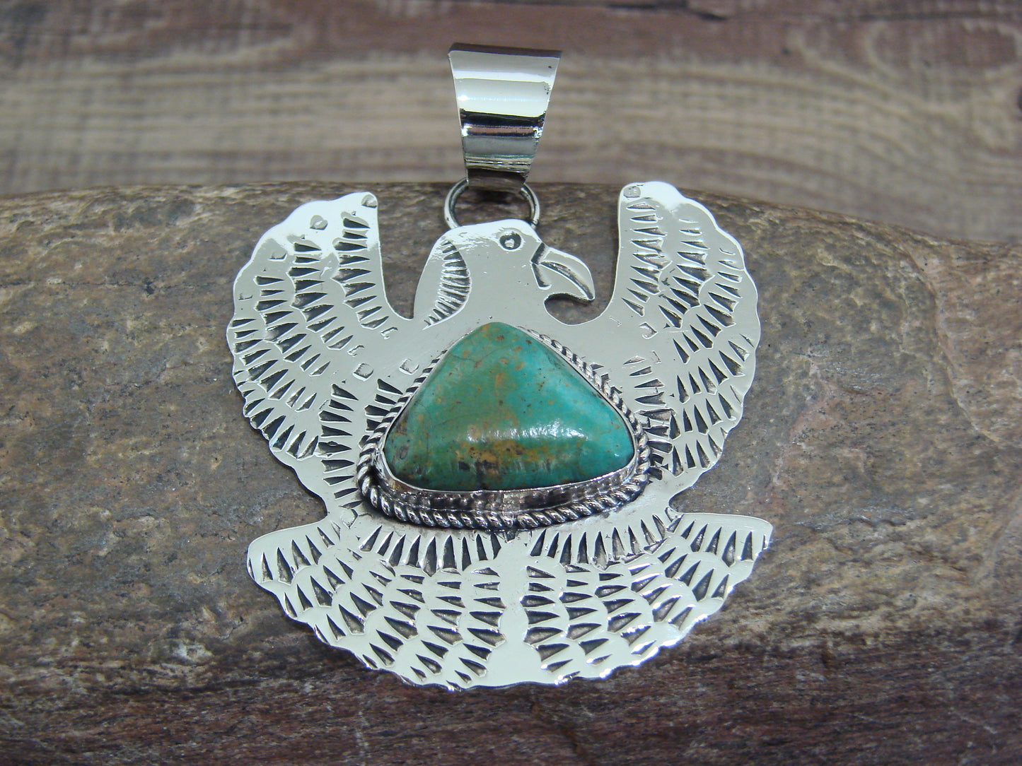Native American Nickel Silver & Turquoise Eagle Pendant - Cleveland
