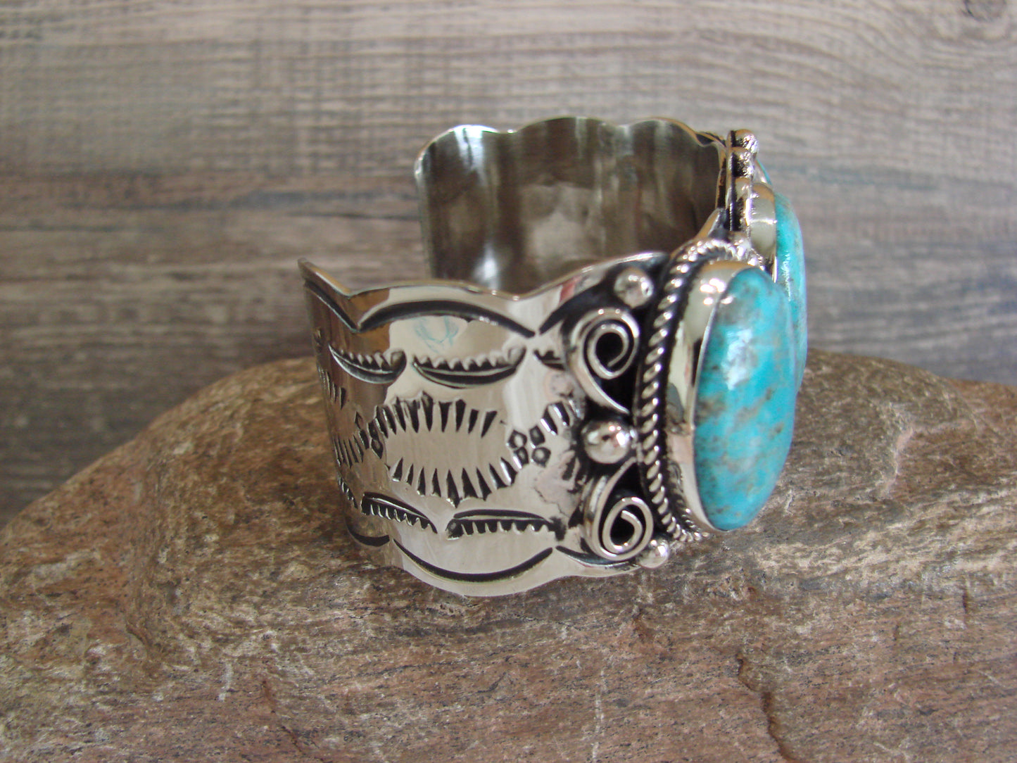 Native American Indian Nickel Silver & Turquoise Bracelet by Cleveland