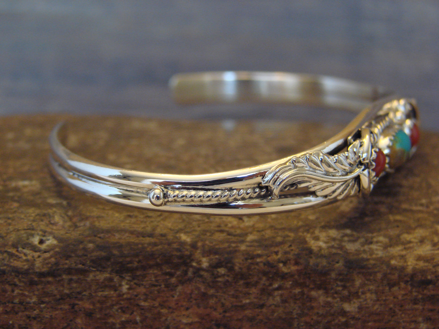 Native American Sterling Silver Turquoise & Coral Bracelet by Largo