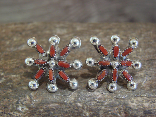 Native American Sterling Silver & Coral Cluster Post Earrings by Leekity