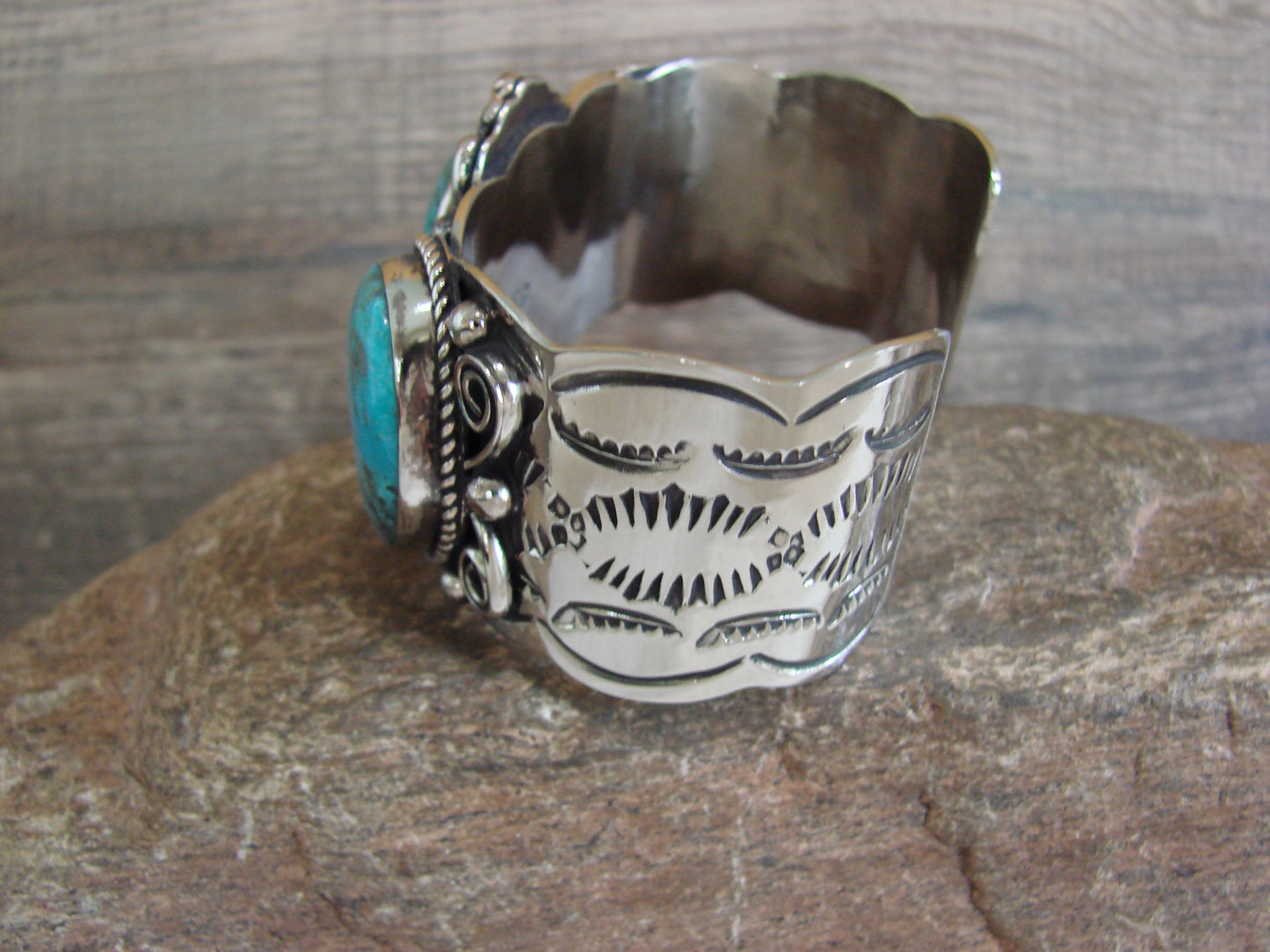Native American Indian Nickel Silver & Turquoise Bracelet by Cleveland