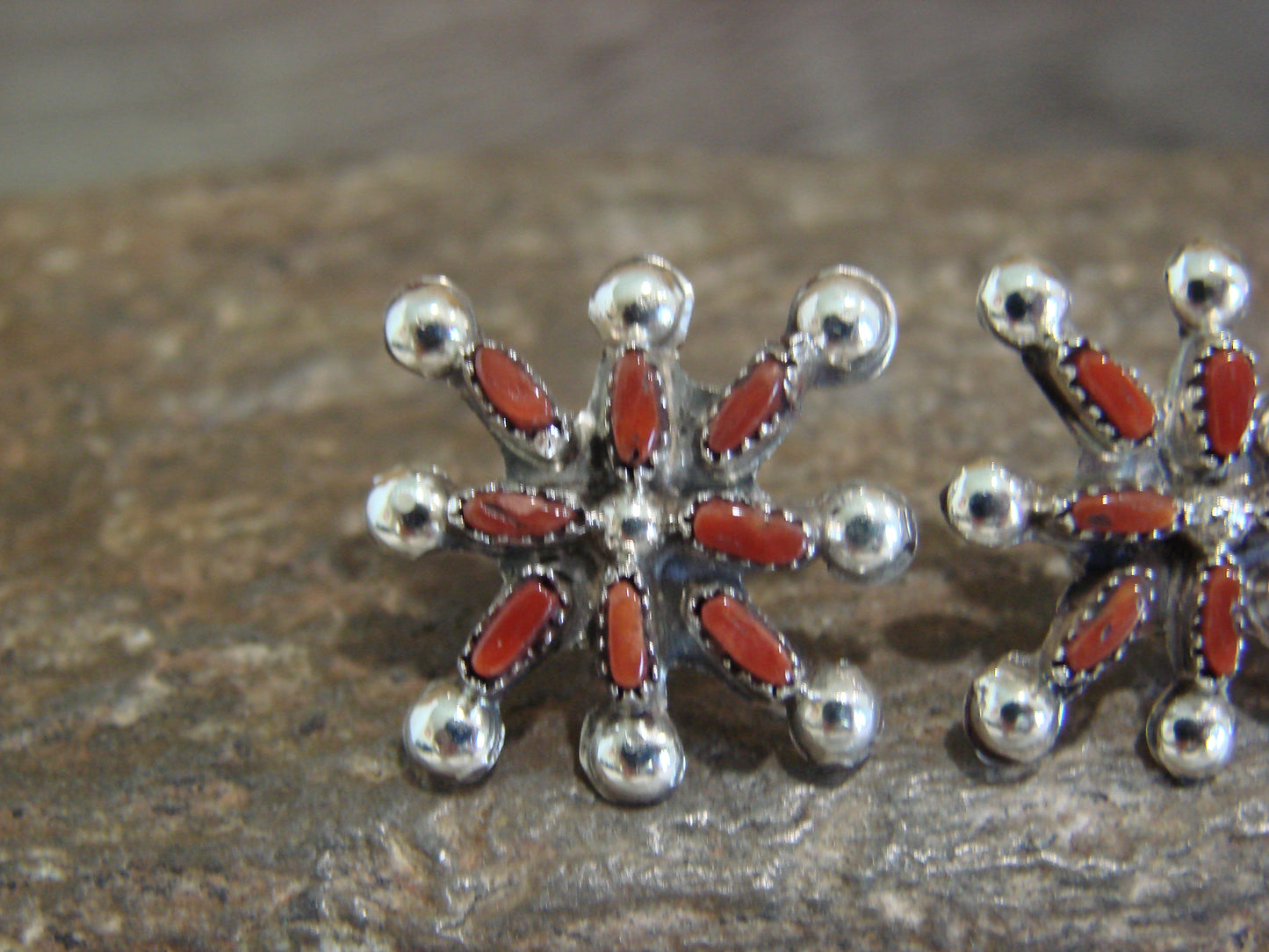 Native American Sterling Silver & Coral Cluster Post Earrings by Leekity