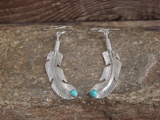 Native American Sterling Silver Feather & Turquoise Dangle Earrings - Joe