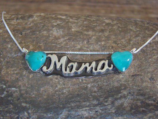Native American Sterling Silver & Turquoise Heart Mama Necklace Signed Yazzie