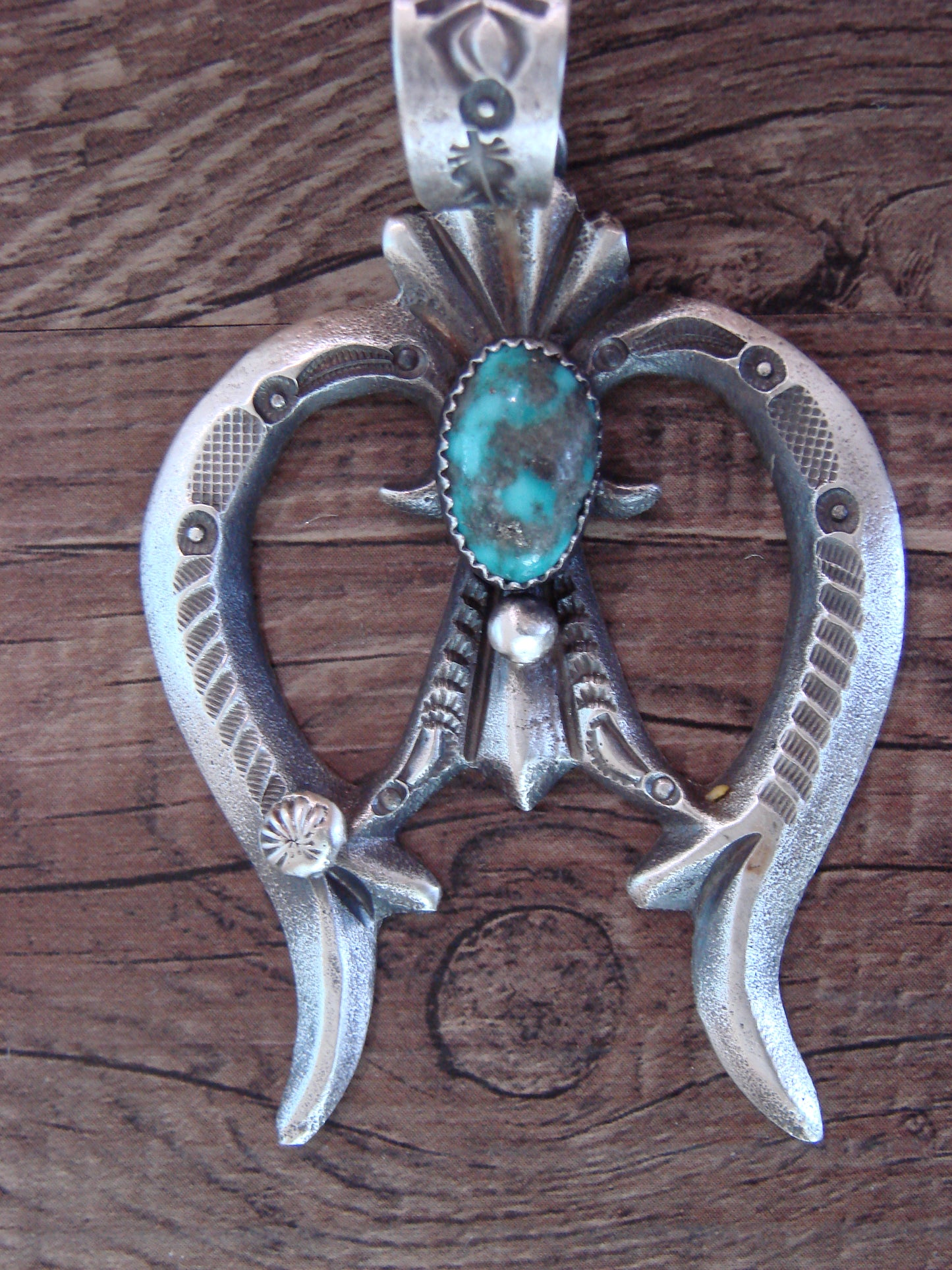 Native American Sterling Silver & Turquoise Cast Naja Pendant Signed Billah