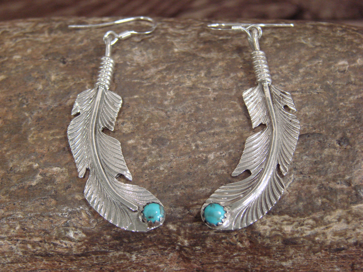 Native American Sterling Silver Feather & Turquoise Dangle Earrings - Joe