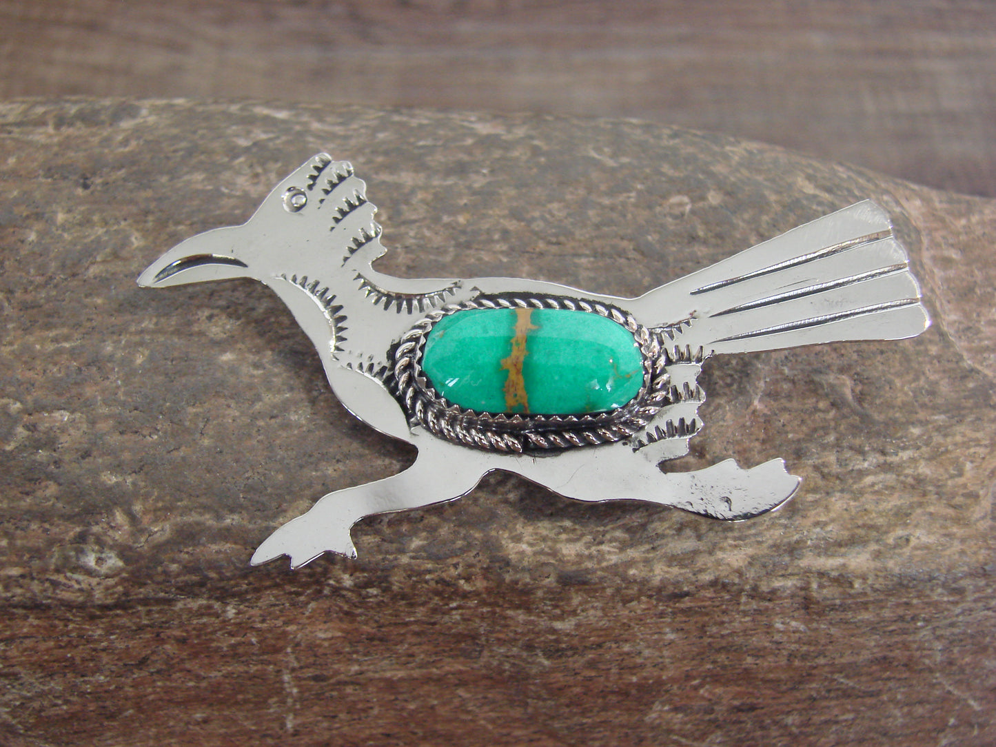 Native American Nickel Silver & Turquoise Road Runner Pin - Cleveland