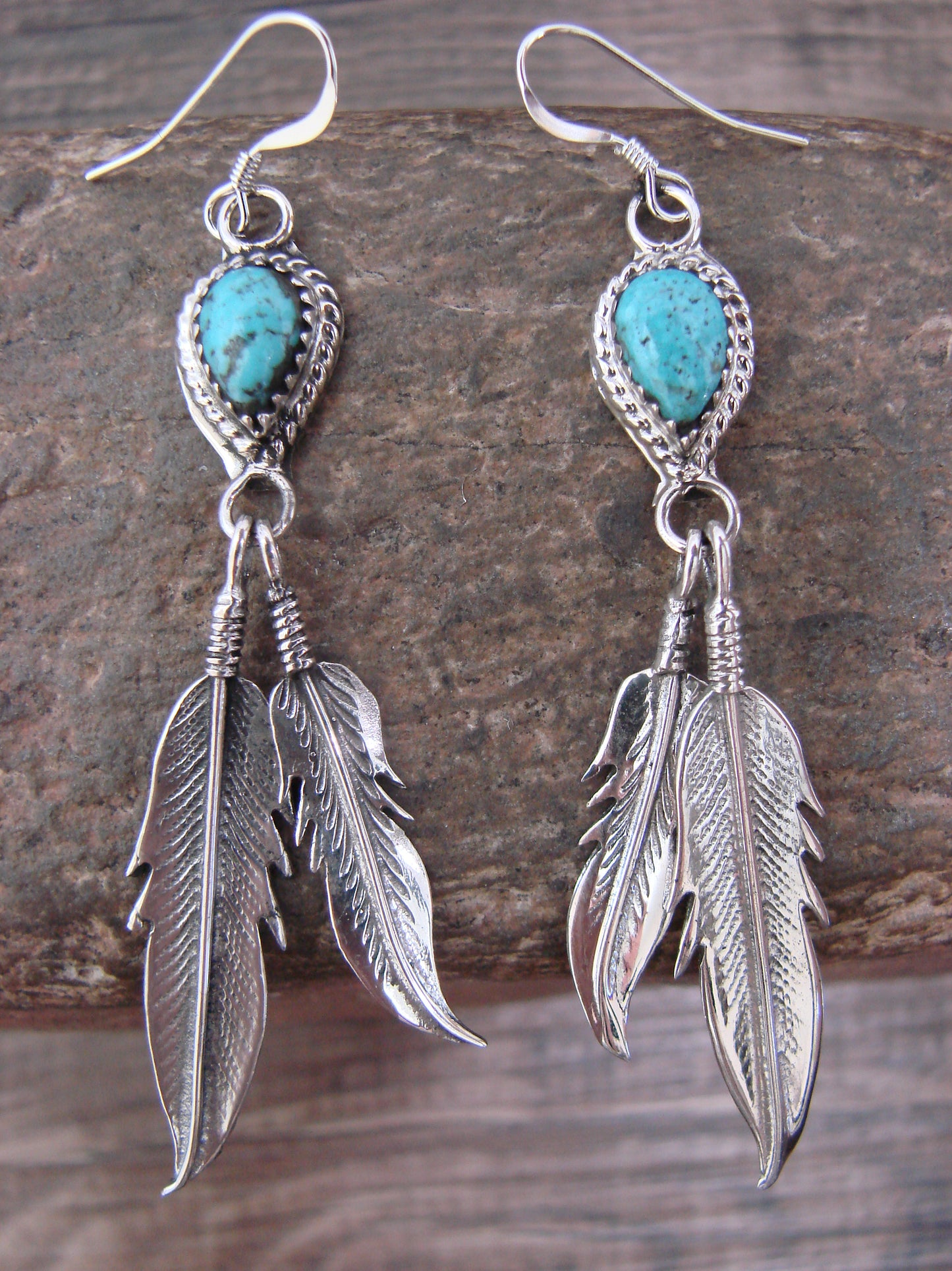 Native American Sterling Silver & Turquoise Feather Dangle Earrings by McCarthy