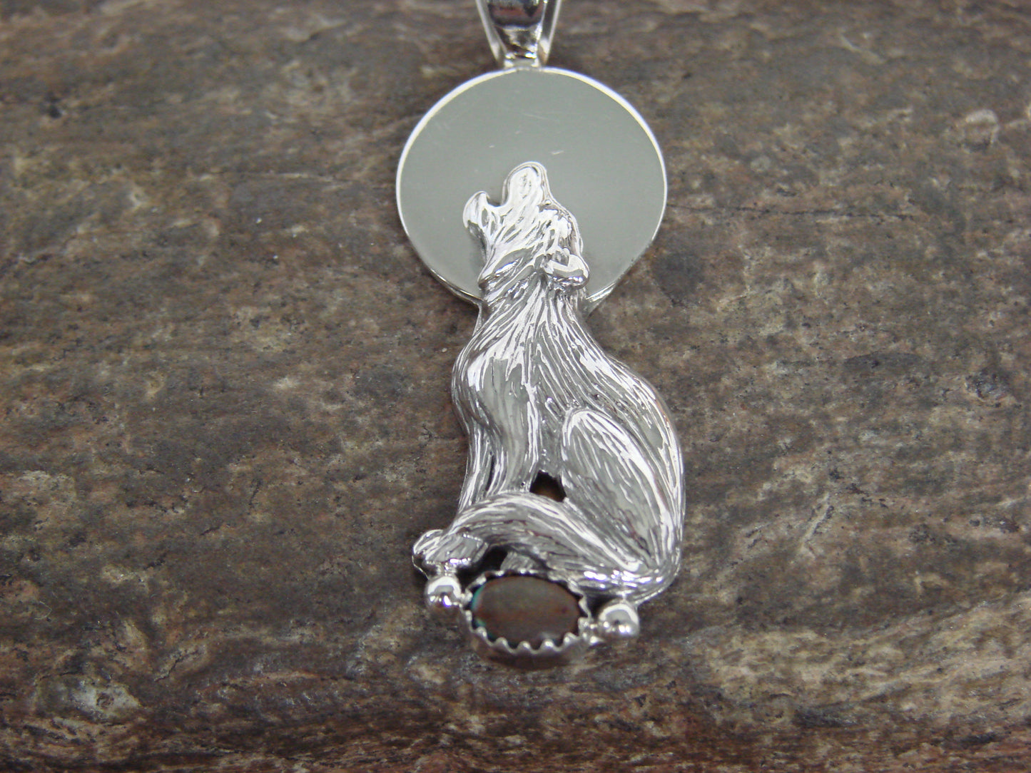 Native American Sterling Silver Brown Turquoise Wolf Pendant by Yellowhair