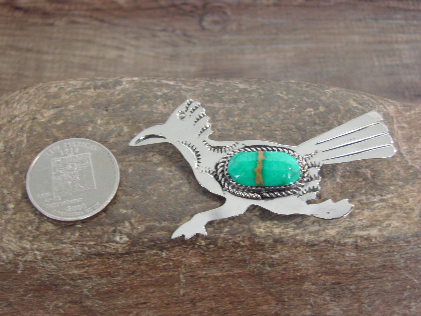Native American Nickel Silver & Turquoise Road Runner Pin - Cleveland