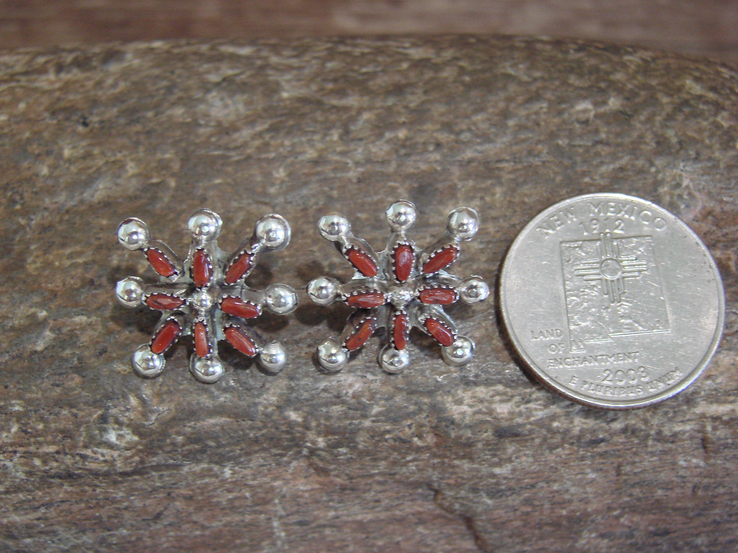 Native American Sterling Silver & Coral Cluster Post Earrings by Leekity