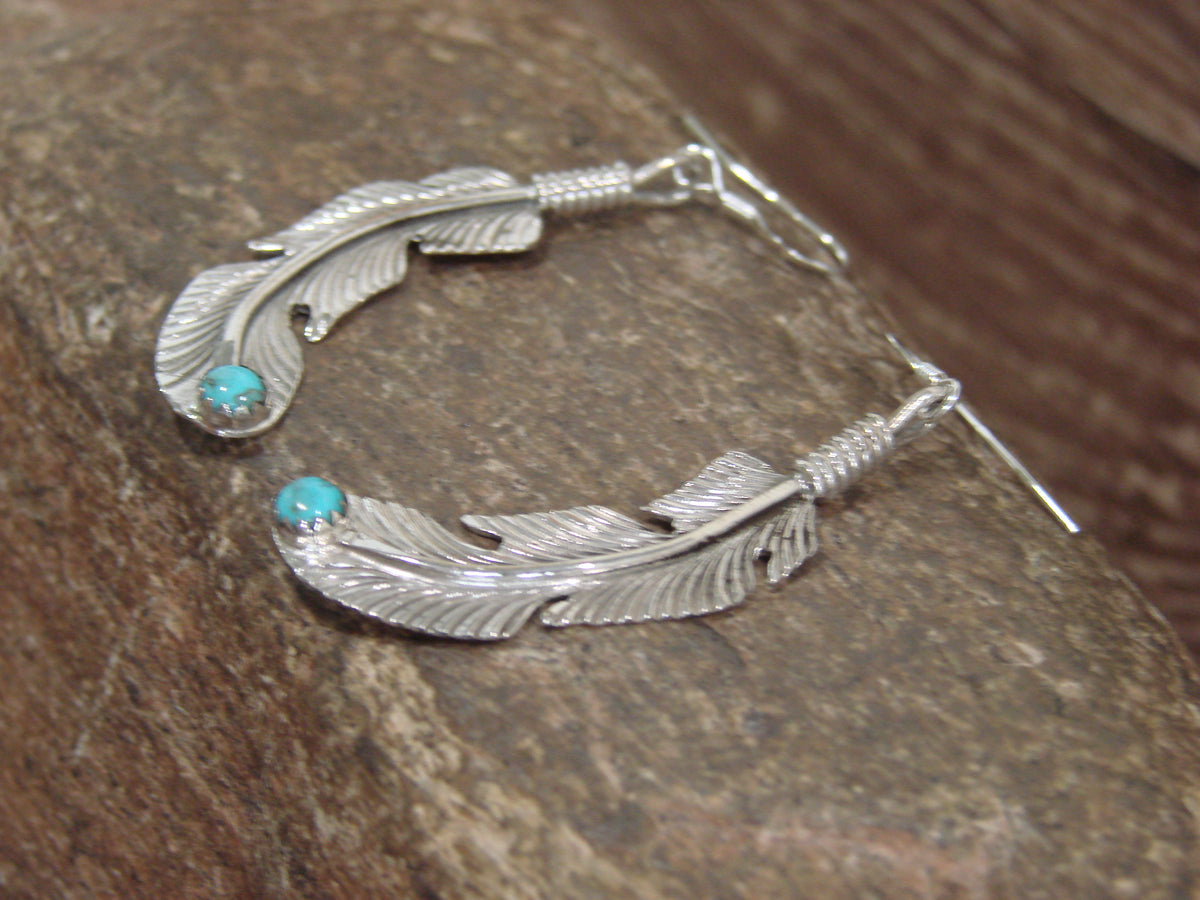 Native American Sterling Silver Feather & Turquoise Dangle Earrings - Joe