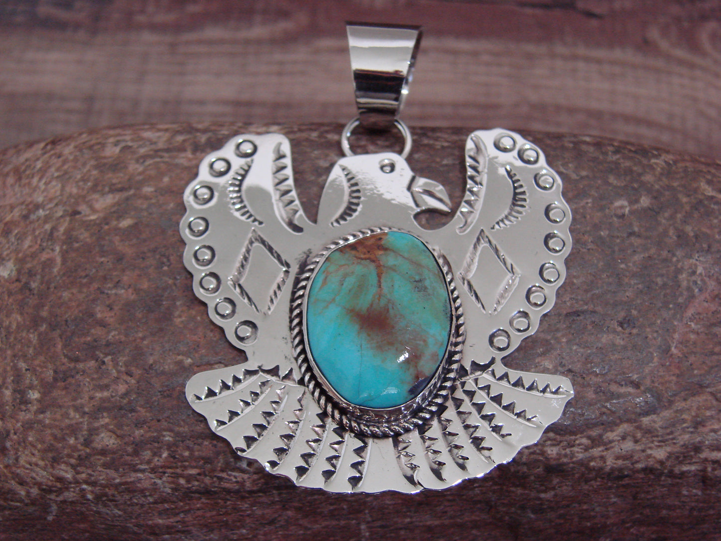 Native American Nickel Silver & Turquoise Eagle Pendant - Cleveland