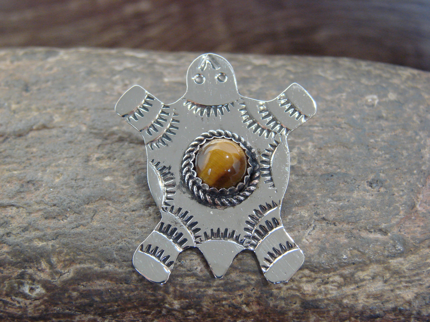 Native American Nickel Silver & Tiger Eye Turtle Pendant - Cleveland