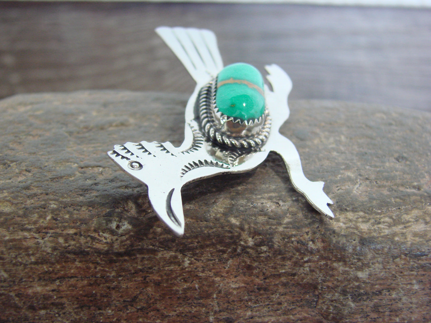 Native American Nickel Silver & Turquoise Road Runner Pin - Cleveland
