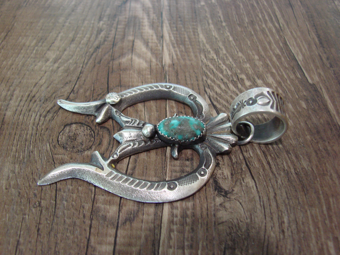 Native American Sterling Silver & Turquoise Cast Naja Pendant Signed Billah