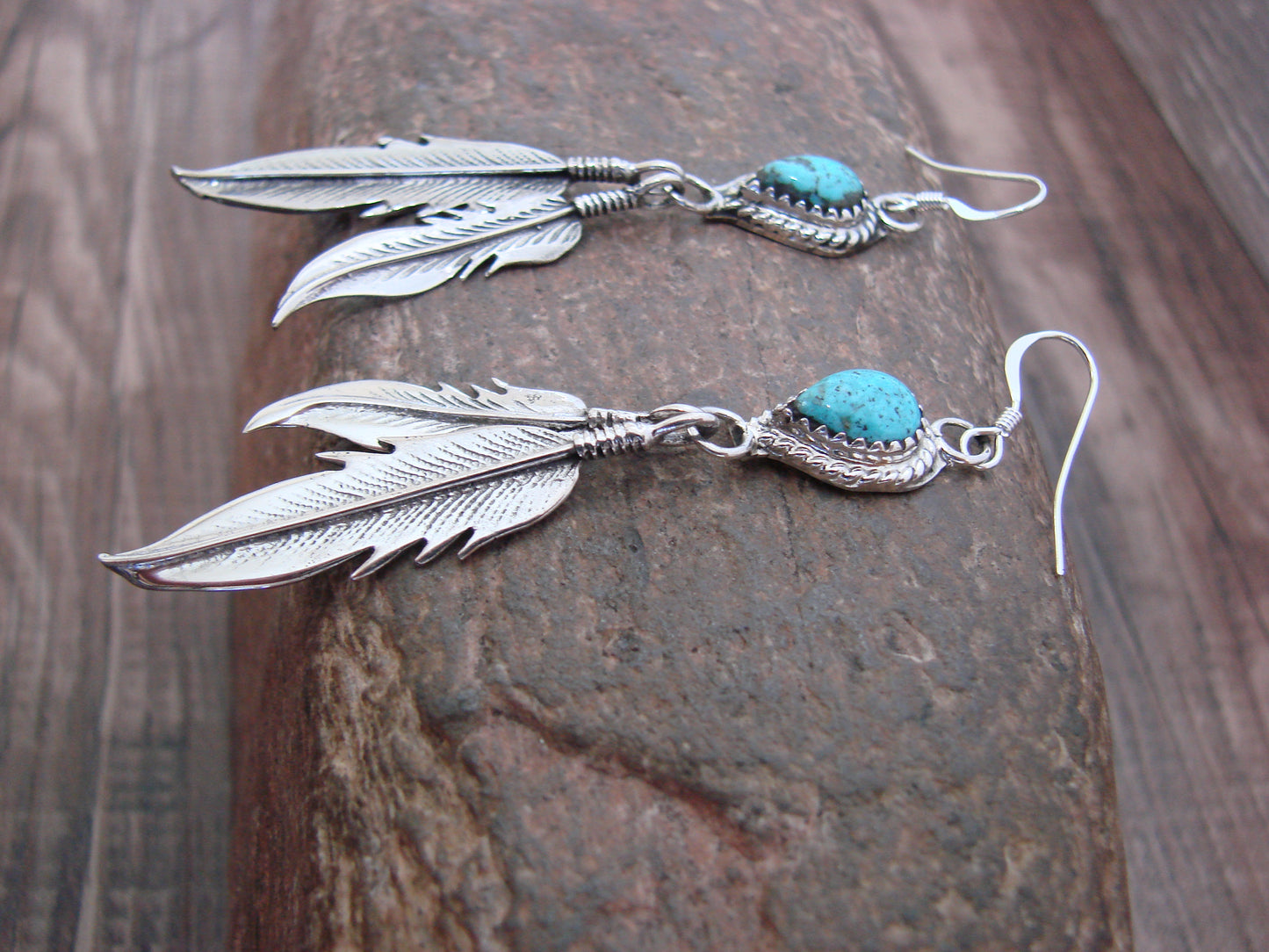 Native American Sterling Silver & Turquoise Feather Dangle Earrings by McCarthy