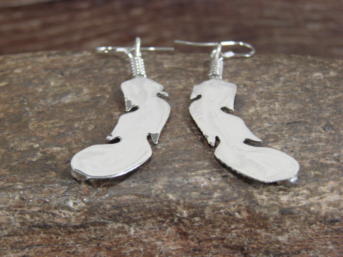 Native American Sterling Silver Feather & Turquoise Dangle Earrings - Joe