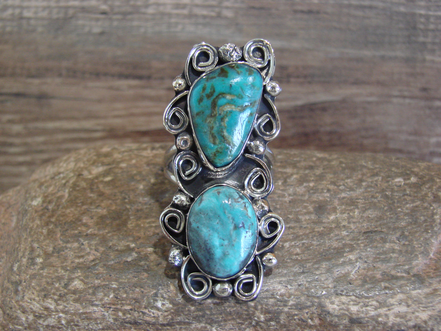 Native American Nickel Silver & Turquoise Ring by Cleveland - Size 11.5