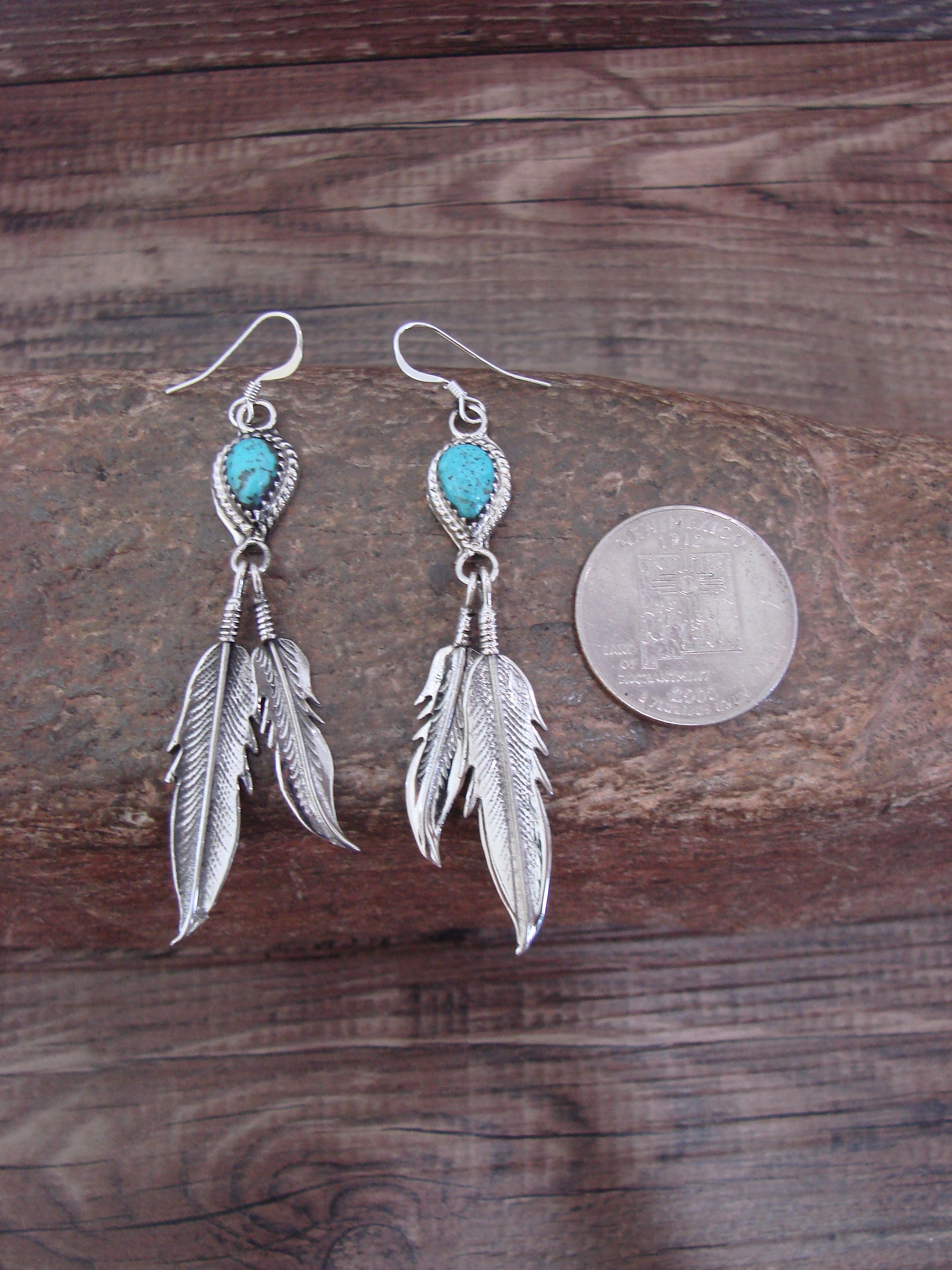 Native American Sterling Silver & Turquoise Feather Dangle Earrings by McCarthy