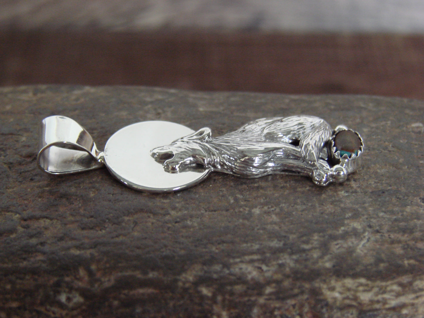 Native American Sterling Silver Brown Turquoise Wolf Pendant by Yellowhair