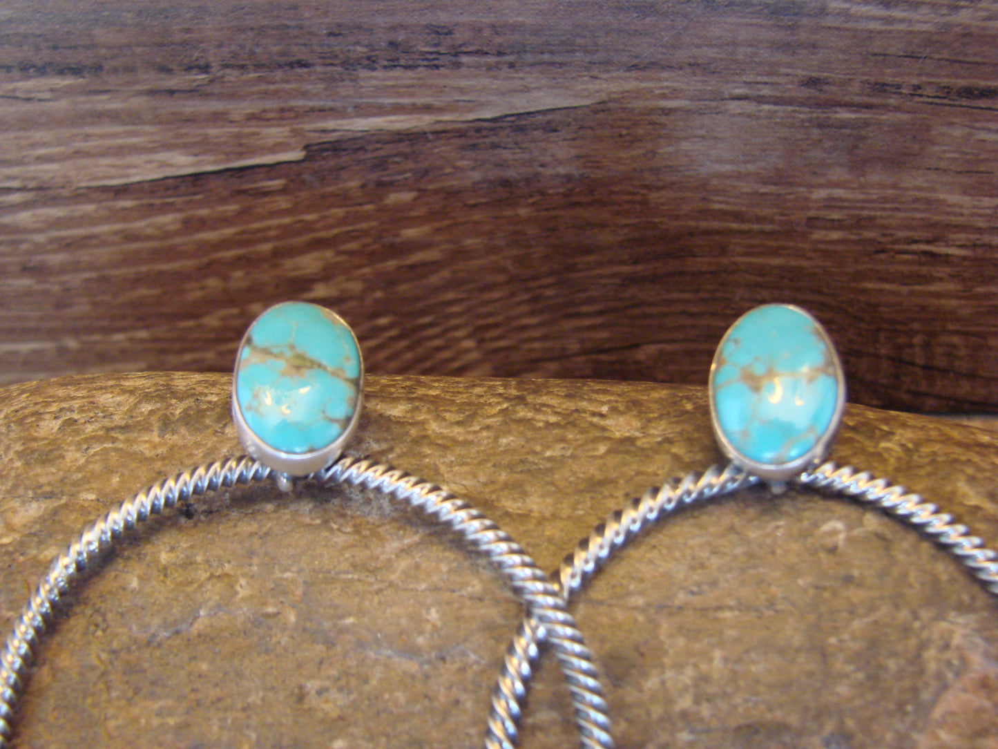Native American Sterling Silver & Turquoise Hoop Post Earrings - Betone